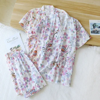 Vasaras Sieviešu Pidžamas Plānas Kimono Sleepwear V-veida Kakla Īsām Piedurknēm Lounge Valkāt divstāvu Kokvilnas Dzija Pijama 2 Gabals Mājas Tērps